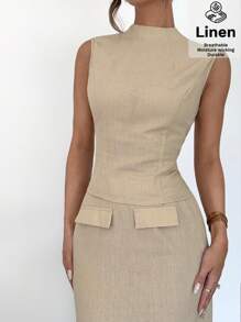 SHEIN Essnce Women Summer Breathable Two Pieces Set With Sleeveless Shirt & Slit Skirt | Business Casual Elegance, Old Money Aesthetic, 2025 Summer - Khaki - View 4