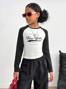 SHEIN Tween Girl Casual Raglan Sleeve Colorblock Letter Print Crop Top T-Shirt