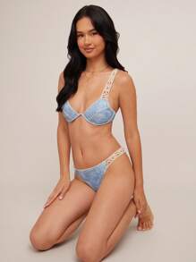 WESTFADE Top de bikini vaquero occidental con cuello en V con aros, efecto de ganchillo estampado en denim, para el verano - Azul - Ver 3