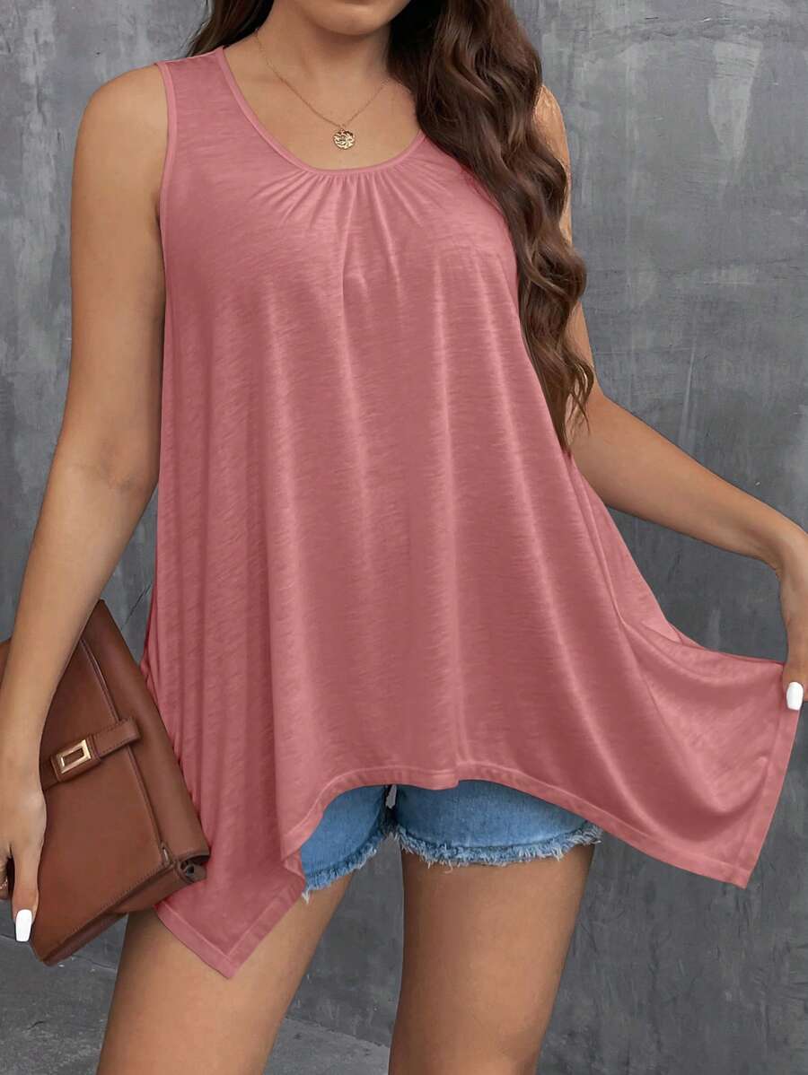 SHEIN LUNE Atasan Tanpa Lengan Kasual Wanita Ukuran Besar dengan Hem Berumbai Asimetris dan Leher Bulat - Dusty Pink - View 1