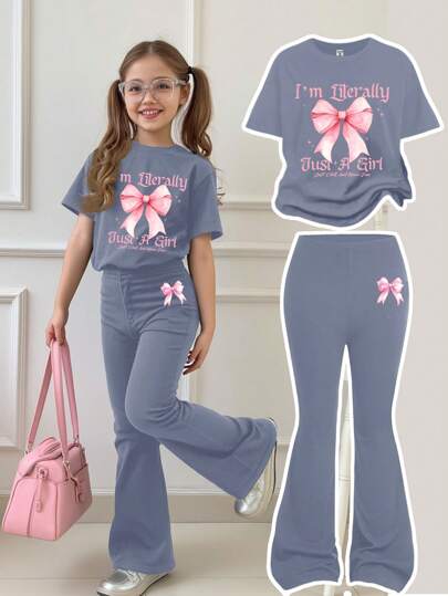 SHEIN 2 件套年轻女孩休闲简约设计圆领短袖上衣和长裤套装，适合夏季