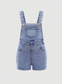 SHEIN 少女3D蝴蝶结装饰蓝色牛仔弹性修身背带短裤 - 淺色水洗藍 - 查看 2