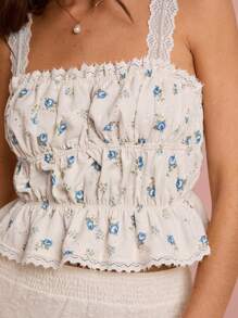 Camiseta de tirantes de mujer con estampado floral diminuto, encaje de contraste y volantes - Azul - Ver 7