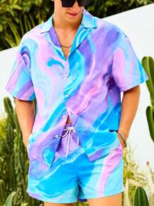 Manfinity Swimmode Camisa de Manga Curta com Estampa Tie Dye e Shorts, Traje de Praia Havaiano, para Homens