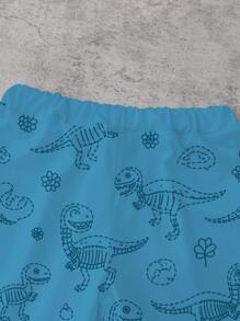 SHEIN Playful Pals 1 Set Toddler Boys Cute Cartoon Dinosaur Head And Dinosaur Skeleton Print Short Sleeve T-Shirt And Shorts Set, Lightweight Casual For Spring/Summer Wear