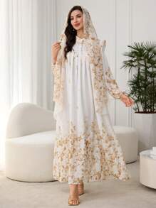 Al Najma Đầm Maxi Đi Nghỉ In Hoa Tay Dài Thiết Kế Nút Cho Nữ - Màu vàng - Xem 2