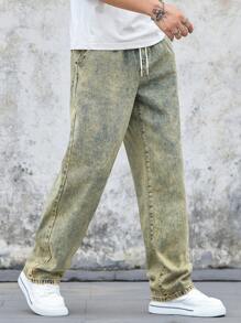 Manfinity Homme Men's Denim Cinched Waist Wide Leg Pants