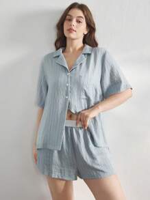 Ocili Conjunto de pijama de talla grande de lino suave a rayas con cuello, ropa de hogar informal - Azul - Ver 1