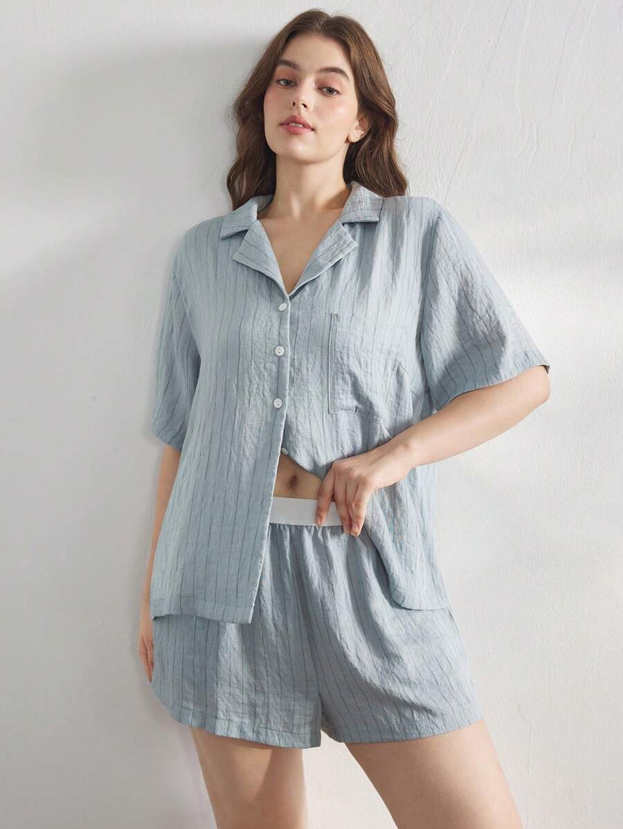 Ocili Conjunto de pijama de talla grande de lino suave a rayas con cuello, ropa de hogar informal - Azul - Ver 1