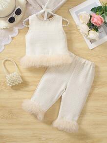 2pcs/Set Baby GirlFashion Camisole And Straight Leg Pants Outfit - Apricot - View 3