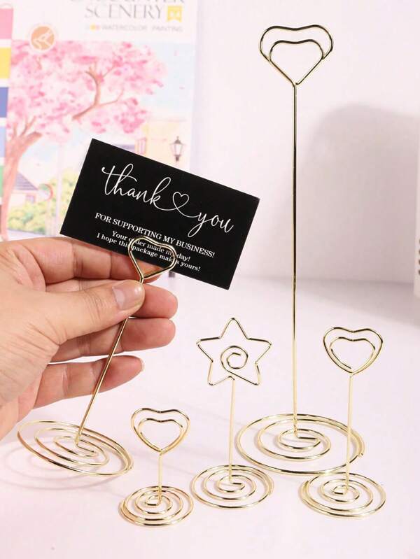 SHEIN 5pcs/10pcs Mini Table Number Holders, Gold Round Menu Card Clip, Great For Weddings, Birthdays, Anniversaries, Parties, Table Place Cards, Wire Picture Frames, Desk Photo Holder, Table Decorations, Valentine's Day Mother's Day Graduation