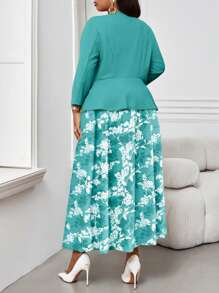 Fleurora 2 件大码女士商务抽象波浪印花简约圆领系带假日中长连衣裙套装外出服两件套服装 - 彩色 - 查看 4