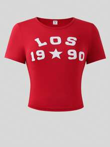 SHEIN Explorewe 复古学院风修身短袖数字和字母刺绣 T 恤，适合少女、夏季休闲装和运动装