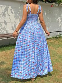 SHEIN EZwear Plus Size Women Cherry Print Plaid Pleated Pockets Casual Holiday Strap Dress