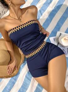 SHEIN Swim 女式夏季海滩波浪条纹抹胸式分体泳衣套装 - 藏蓝色 - 查看 5