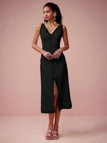 Enchnt Đầm bodycon dài vừa phải, không tay, phối ren đơn hàng khuy xẻ tà dành cho nữ - màu đen - Xem 5