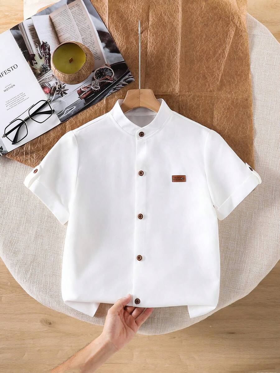 SHEIN 1pc Tween Boys Stand Collar Gentlemen Style Plain Blue Versatile Casual Short Sleeve Shirt, Spring/Summer Summer Holiday - White - View 1