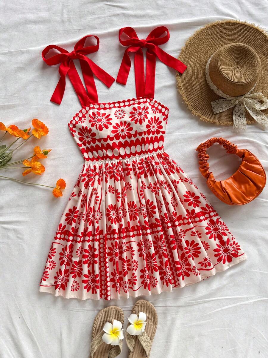 Soleia 假日女士绿色几何印花细肩带蝴蝶结腰部 A 字迷你连衣裙 - 彩色 - 查看 1