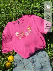 Tseoso 卡通圖案落肩袖超大號T恤 - 粉色 - 查看 1