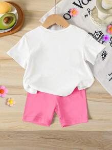 SHEIN Baby Girl Letter Print Short Sleeve T-Shirt And Heart Print Shorts Set Mother S Day Baby Clothes Outfit For Baby Girl Cool Baby Girl Clothes Sets Baby Girl Clothes Shirt Sets Baby Clothes For Girls Baby Girls Sets - Multicolor - View 2