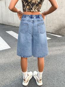 SHEIN Teen Girls' Pocket Design Loose Bermuda Denim Shorts