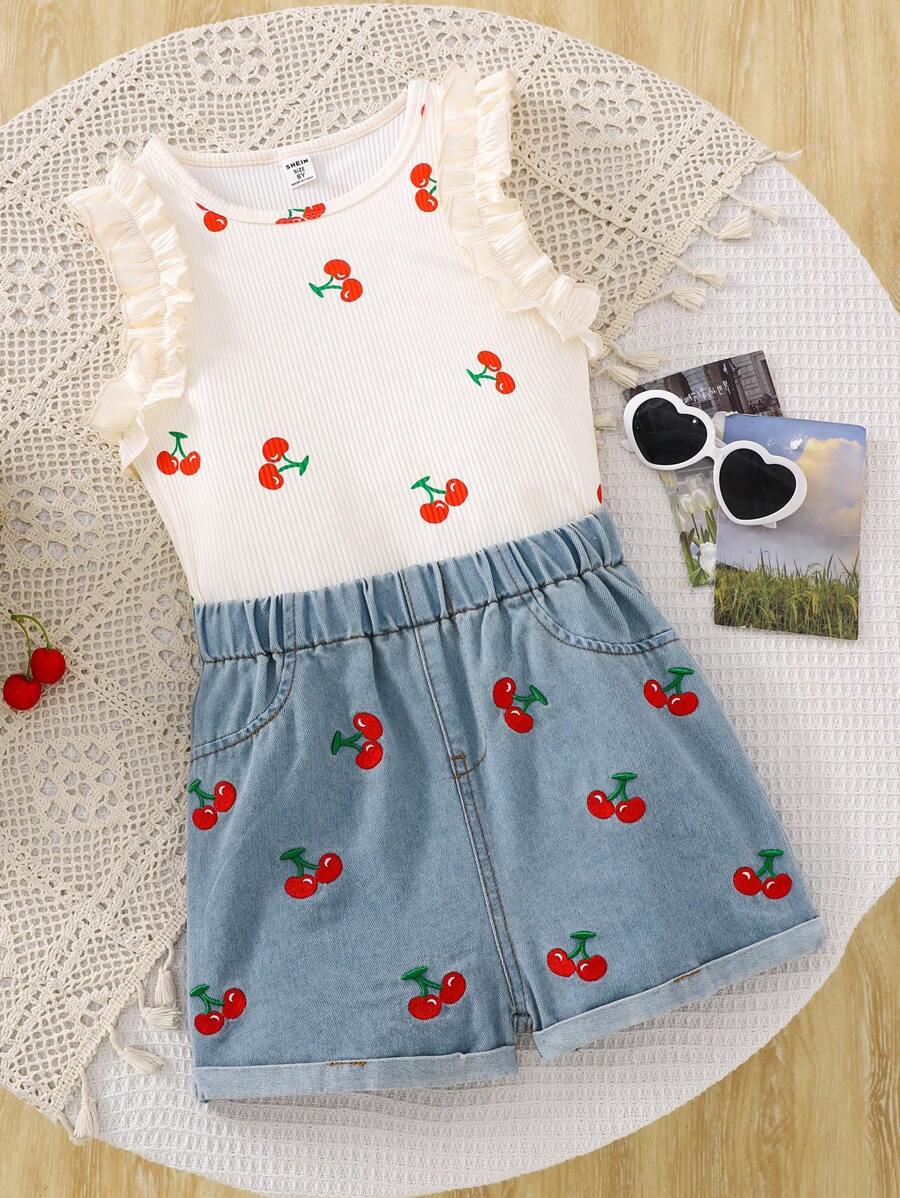 2pcs/Set Girls Fashionable Cherry Print Flounce Sleeve Top & Elastic Waist Embroidered Denim Shorts Set, Spring/Summer - Multicolor - View 1