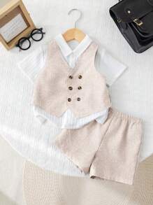 Bộ 2 món/bộ quần áo vest và quần short phong cách Hàn Quốc giản dị cho bé mới biết đi màu xám, thích hợp cho tiệc sinh nhật, lễ cưới, tiệc mừng em bé - Màu Khaki - Xem 5