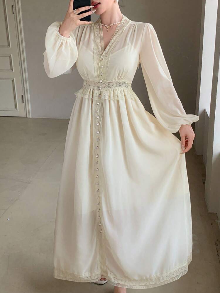 Moonlight Goddess! Delicate French Lace V-Neck Lantern Sleeve Dress, Elegant Minimalist Fall Gown Long Sleeve Dress Maxi Dress