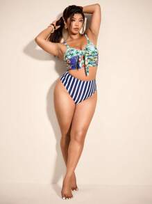 Elaquor 加大码棕榈树印花系带夏季沙滩比基尼 - 彩色 - 查看 5