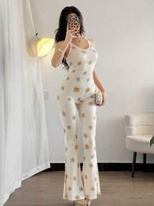 Women's Allover Printed Sexy Elastic Tight Unitard Jumpsuit Vacation, One-Piece Outfit - Beige - View 6