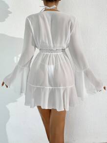 Swim Basics Women's Chiffon Waistline Ruffle Cover Up For Summer Beach Vacation - White - View 2