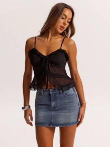 SHEIN BAE 女式夏季纯色网眼系带荷叶边吊带背心 - 黑色 - 查看 7