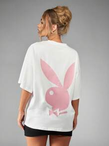 Missguided x Playboy 经典兔子标志 T 恤自 1953 年以来图案超大棉质 T 恤超柔软街头短袖休闲家居服运动休闲 - 白色 - 查看 2