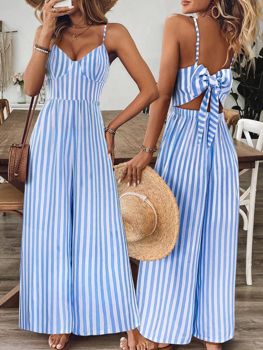 Breezaya Women's Casual Sleeveless Backless Loose Floral Jumpsuit, Spring/Summer - Blue and White - View 1