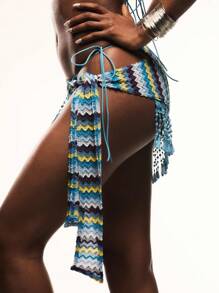 TypaGal Vestido corto de playa tipo cubrecosturas con diseño de zig-zag, calado y flecos, de color contrastante para mujer