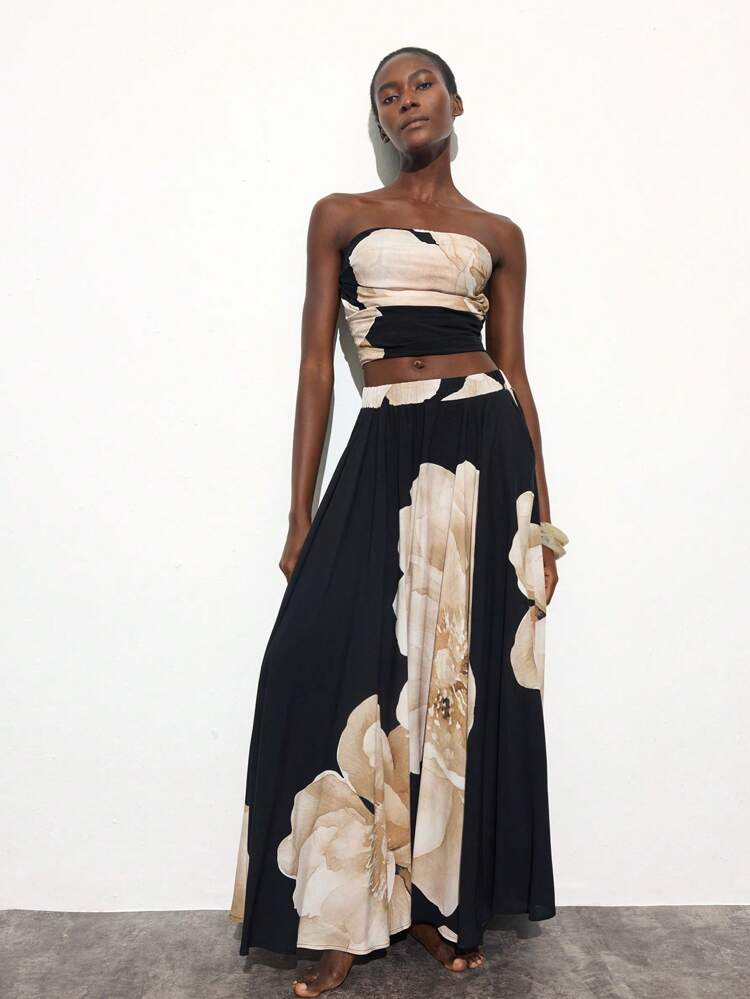 SHEIN Maija Women's Elegant Contrast Color Print Skirt,Bohemian Clothes,Vacation Outfits