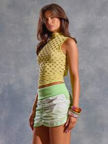 MUSERA 做旧破洞弹力立领修身无袖上衣，适合春季、夏季、伊比沙岛、Y2K、酷女孩、音乐节、锐舞派对、度假、夜店、可爱、假日等场合。 - 藍色 - 查看 3