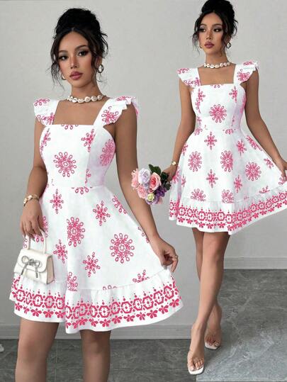 Elenzga 女式修身喇叭裙，背部系带设计，印花休闲度假通勤迷你连衣裙，飘袖