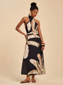 Travachic 大码女式露肩花卉印花长裙 - 黑色 - 查看 2