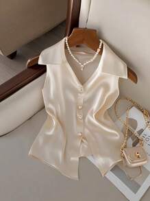 SHEIN Frenchy ملابس علوية كاجوال أنيقة للنساء ذات ياقة مقلوبة وأزرار أمامية منفردة، لون أحادي للصيف - لون مشمشي - مشاهدة 1