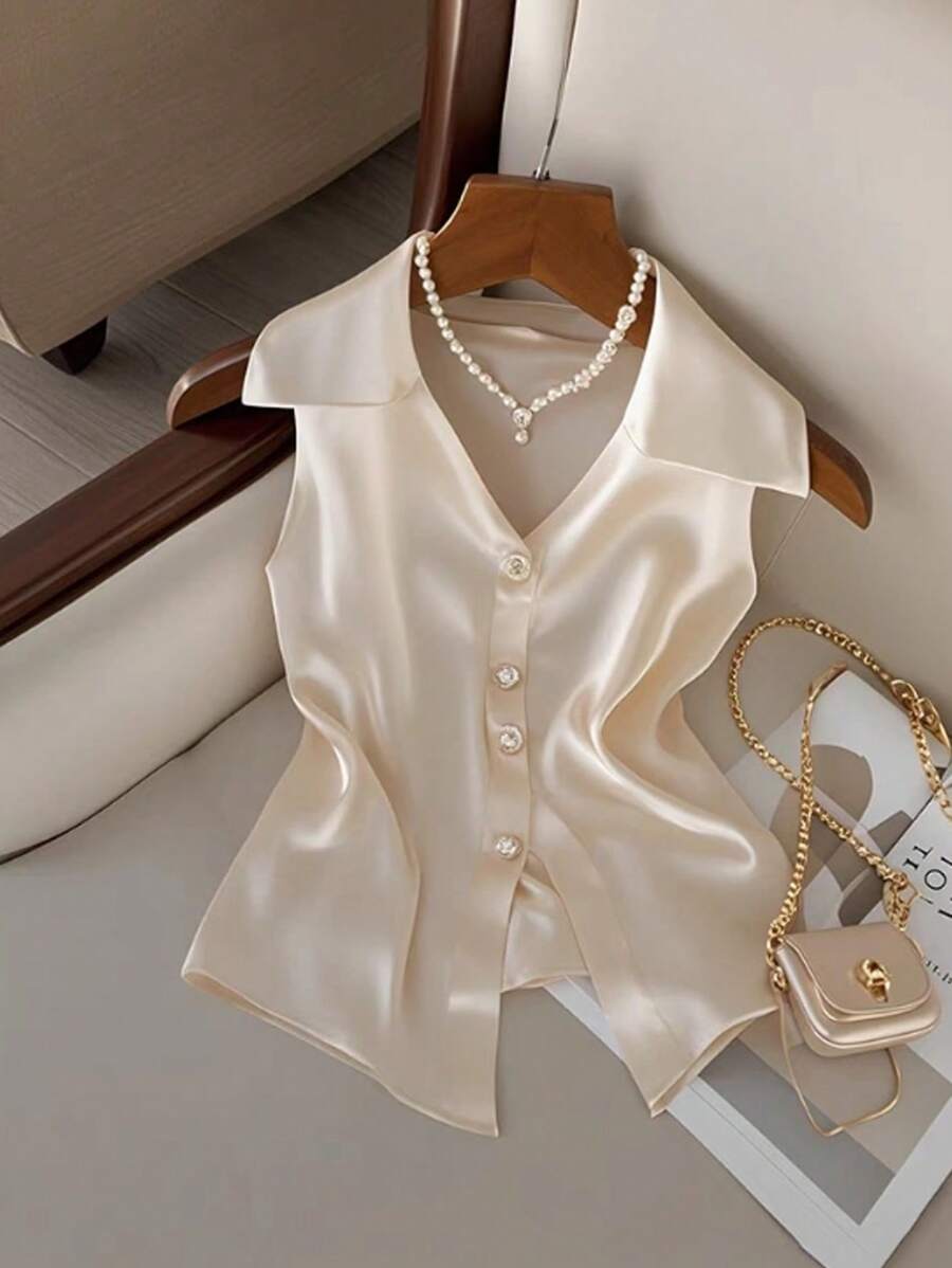 SHEIN Frenchy ملابس علوية كاجوال أنيقة للنساء ذات ياقة مقلوبة وأزرار أمامية منفردة، لون أحادي للصيف - لون مشمشي - مشاهدة 1