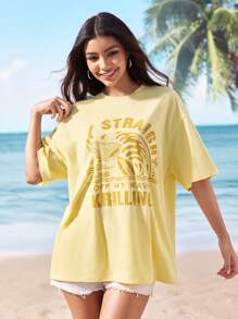 Shark Week X SHEIN Hai- & Buchstabengrafikprint Crew-Ausschnitt Kurzarm T-Shirt - Gelb - Übersicht 5