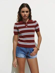 Chiquease Nueva blusa de polo de punto para mujer de primavera/verano, con estampado de rayas, parches y colores contrastantes, de estilo casual, holgada, versátil y elegante, minimalista