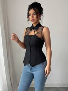 Elenzga Women Casual 3D Rose Mesh Patchwork Blouse (Random Floral Print), Summer - Black - View 3