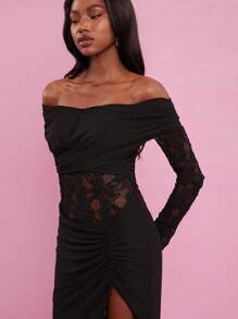 NYA SZN 露肩蕾丝高开叉长裙性感鸡尾酒会优雅复古夏季婚礼宾客特殊场合新娘晚宴舞会服装女士 - 黑色 - 查看 5