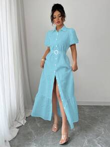 Chiquease French Elegant Commuting Solid Color Lapel Single-Breasted Hollow Floral Print Lantern Sleeve Belted Women Dress - Blue - View 5