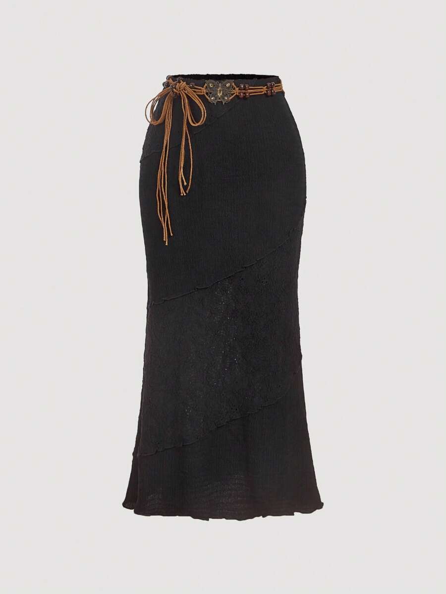 SHEIN MOD Women's Black Patchwork Bohemian Maxi Skirt With Belt Business Casual Woman