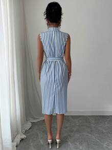 Elenzga Women's Plaid Single-Breasted Belted Sleeveless Midi Shirtdress - Blue - View 2