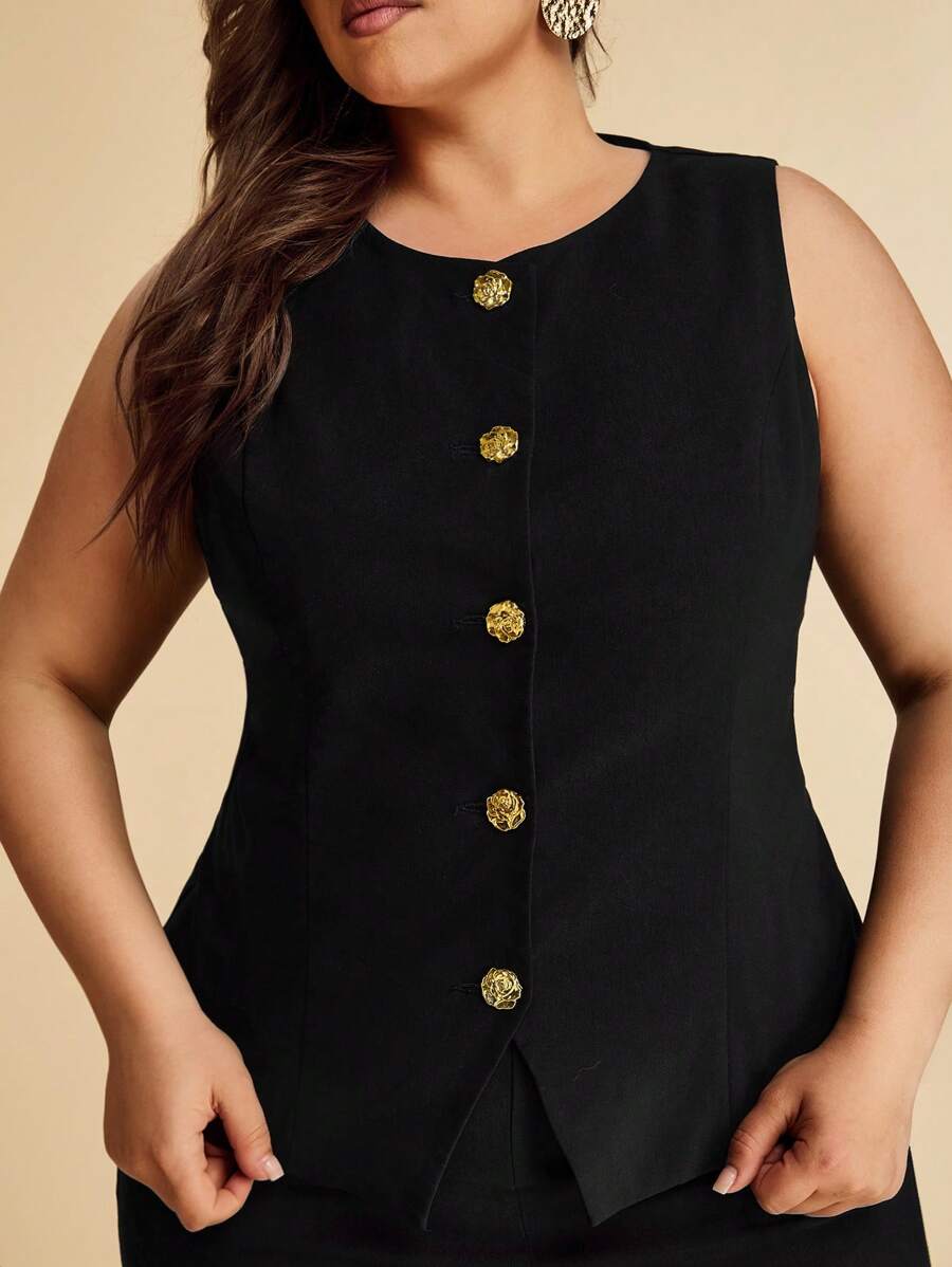 SHEIN BAE Summer Beach Vacation Plus Size Clothing Holiday Clothing Party Gathering, Date Travel, Go Out, Music Festival Clothing, Concert Clothing, Country Music Festival Clothing, Metal Flower Button Commuter Suit Vest Suit Suit Office Suit Work Wear