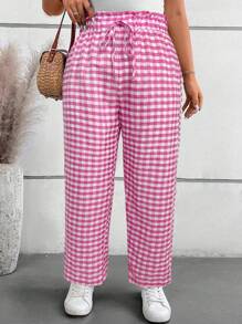 SHEIN VCAY Quần ống côn kẻ caro thắt eo cỡ lớn dành cho nữ, bộ đồ hè thường ngày cho nữ, quần áo nữ, quần dài nữ, trang phục mùa hè, quần hè. - Màu Hồng Tươi - Xem 3